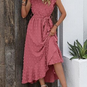 Pink Maxi Dress V-Neck Ruffle Hem Women’s Size S
